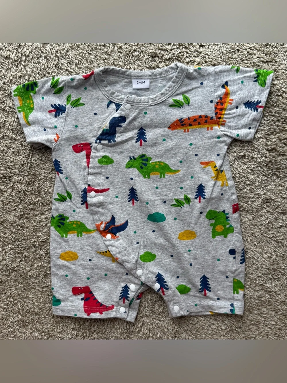 Baby Dinosaur Romper Size 3-6 Months Gray Colorful Dino One Piece